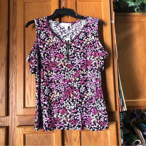 NWT Michael Kors Pink Floral Printed Cold Shoulder 1/4 Zip Front Top - L - Picture 2 of 13